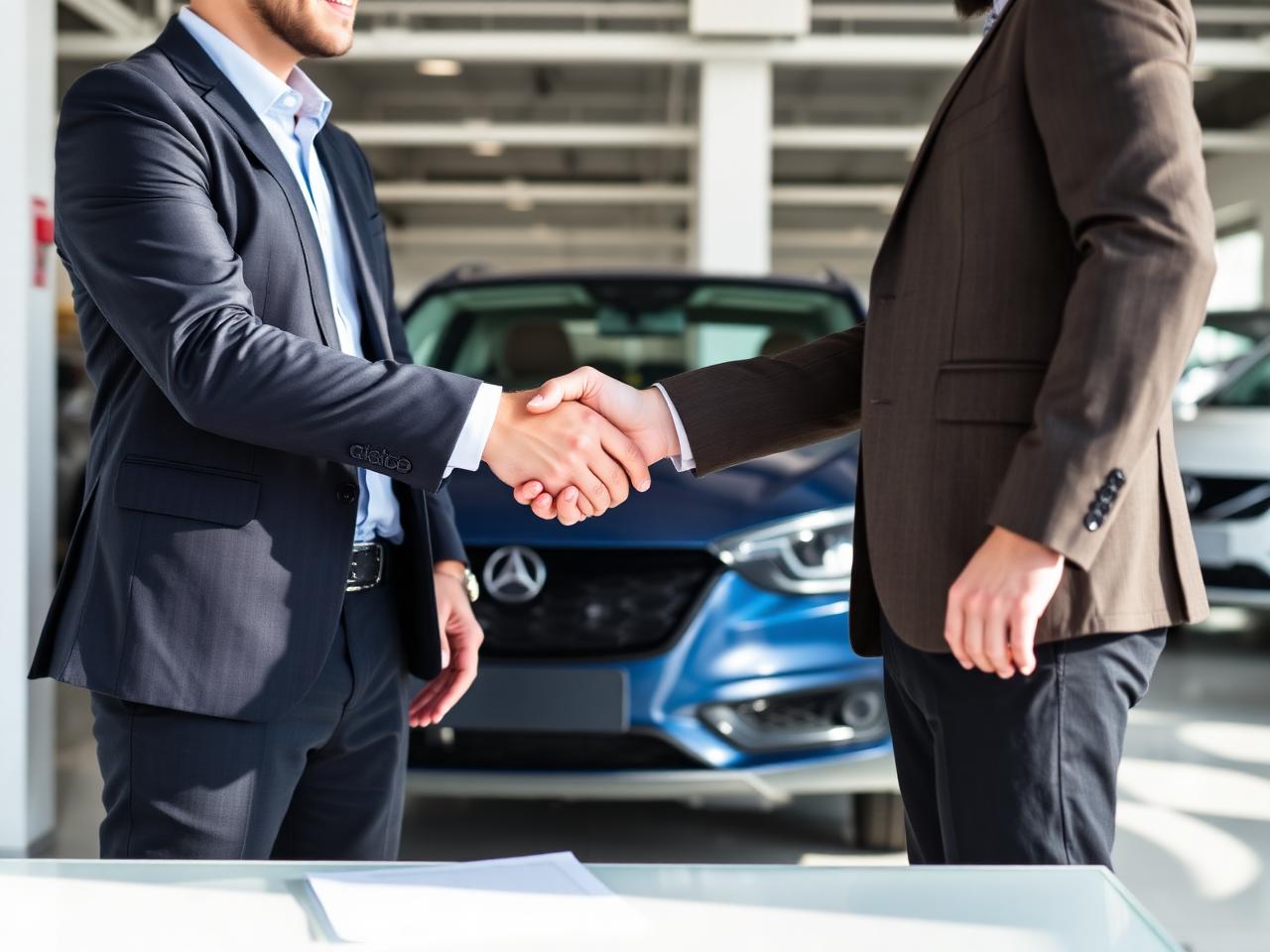 Courtier automobile serrant la main d'un client chez un concessionnaire